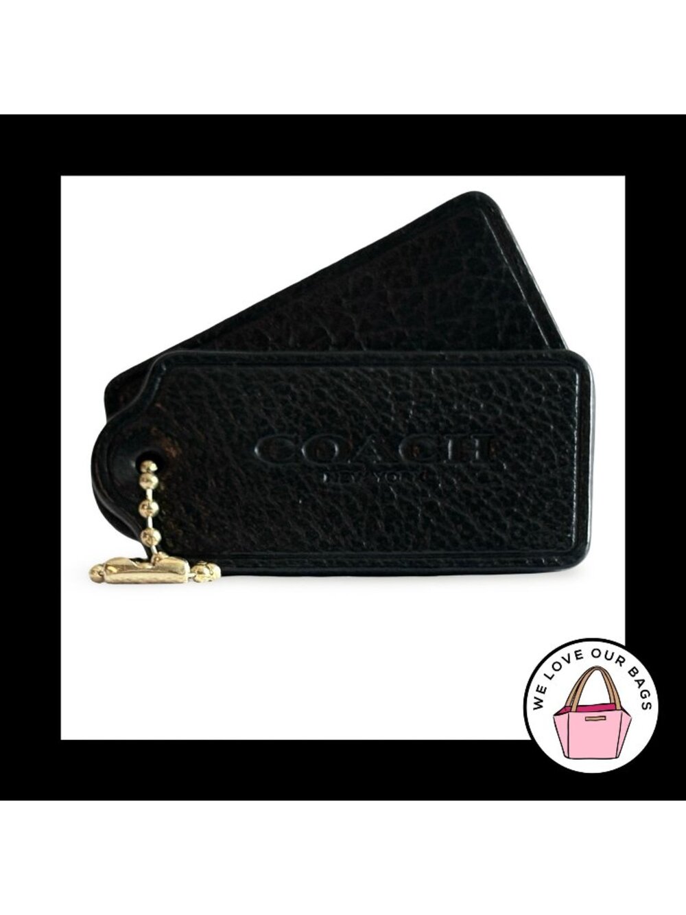 2 pc Lot COACH HANG TAG 2.25" Black Pebbled Leather Bag Charm Keychain New York